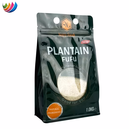 Fabricante OEM/ODM Impresión personalizada Bolsa de pie de fondo plano Bolsa de plástico transparente transparente para envasado de alimentos de harina de ñame con ventana